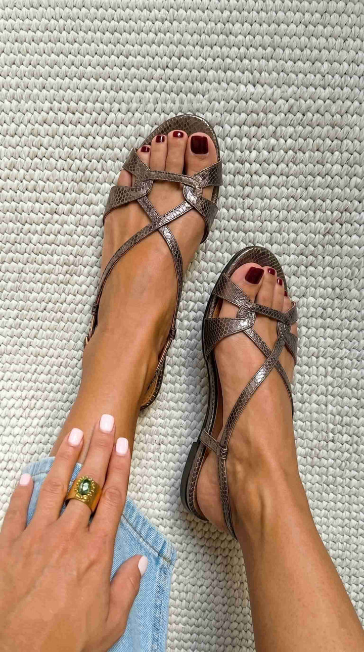 Low Bronze Snake Effect Slingback Sandals with Open Toe