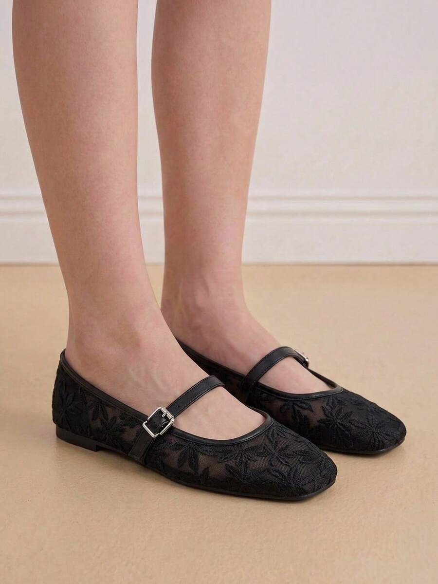 Jasmine - Orthopedic Mary Jane Ballerinas with Floral Embroidery