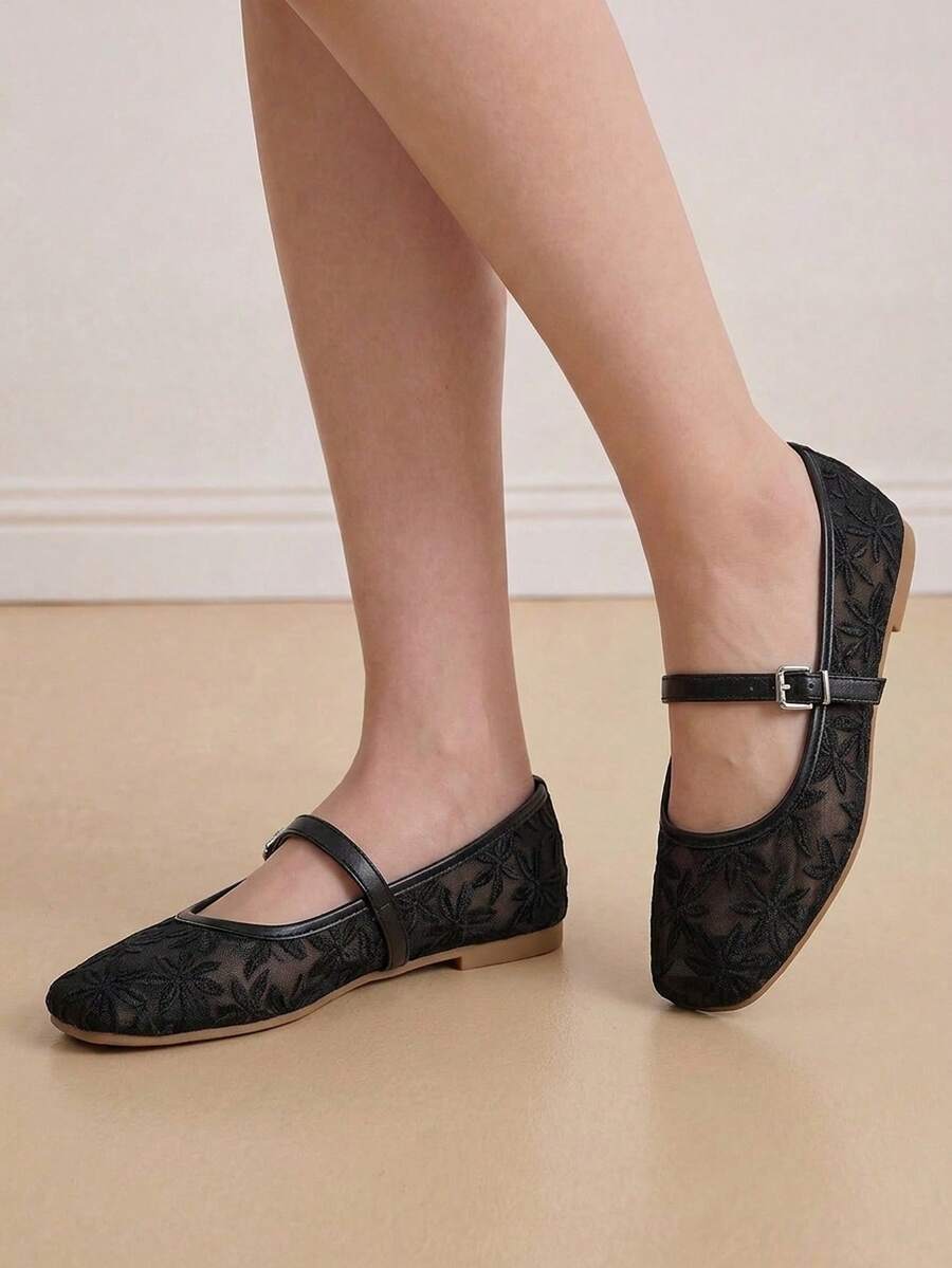 Jasmine - Orthopedic Mary Jane Ballerinas with Floral Embroidery