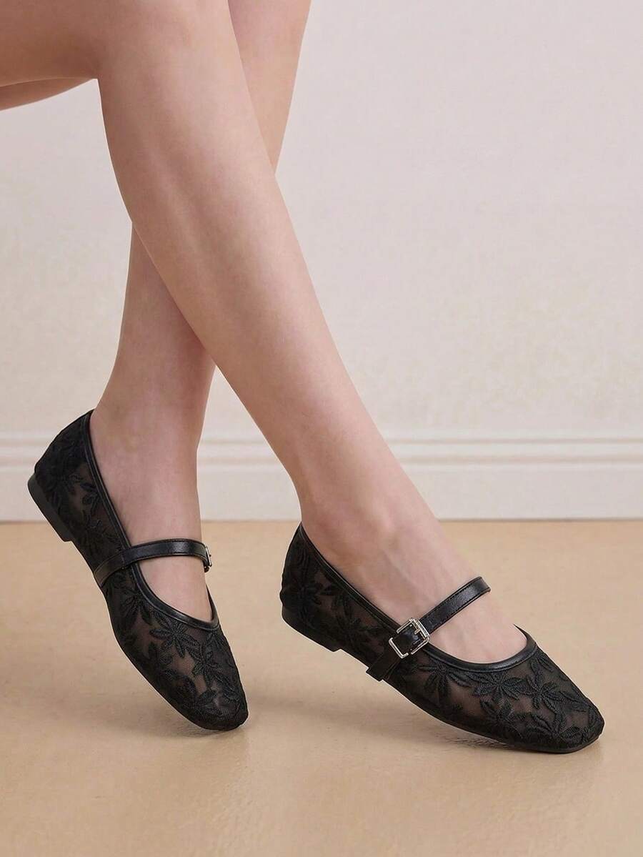 Jasmine - Orthopedic Mary Jane Ballerinas with Floral Embroidery