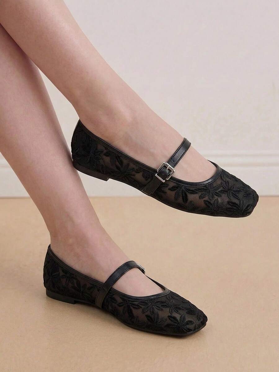 Jasmine - Orthopedic Mary Jane Ballerinas with Floral Embroidery