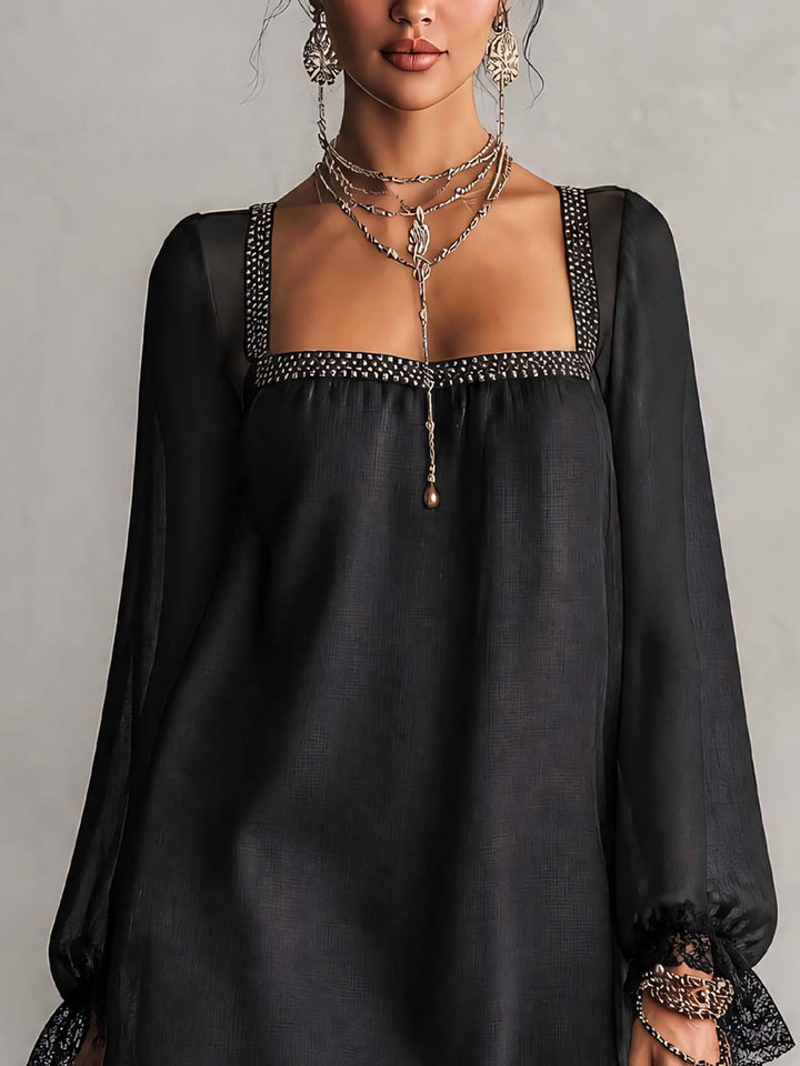 Black Rhinestone Trim Square Neck Lace Cuff Mini Dress