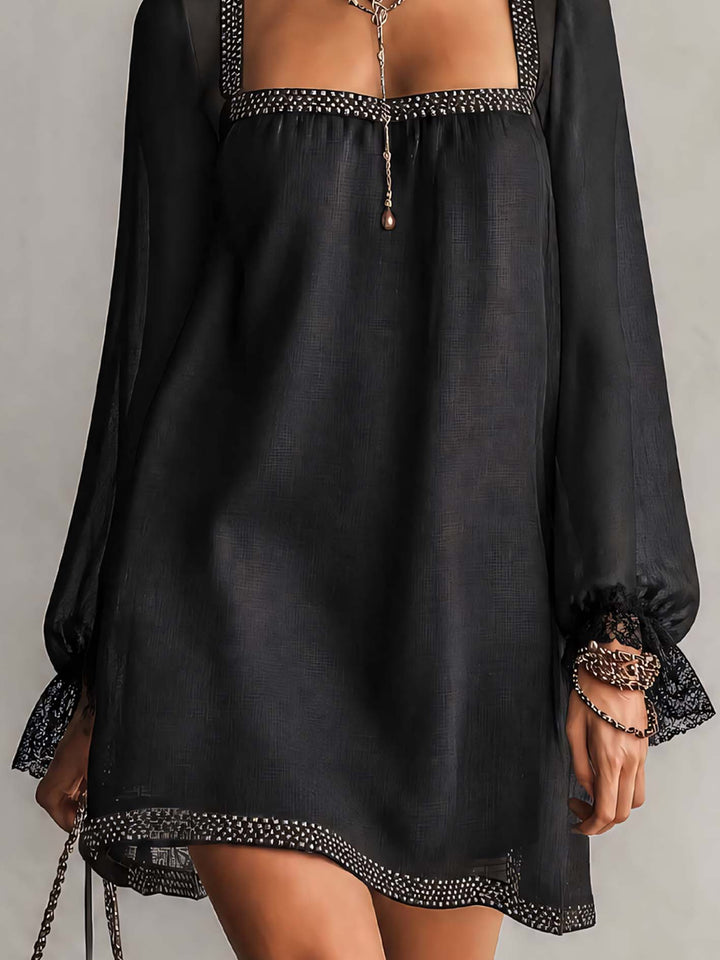 Black Rhinestone Trim Square Neck Lace Cuff Mini Dress