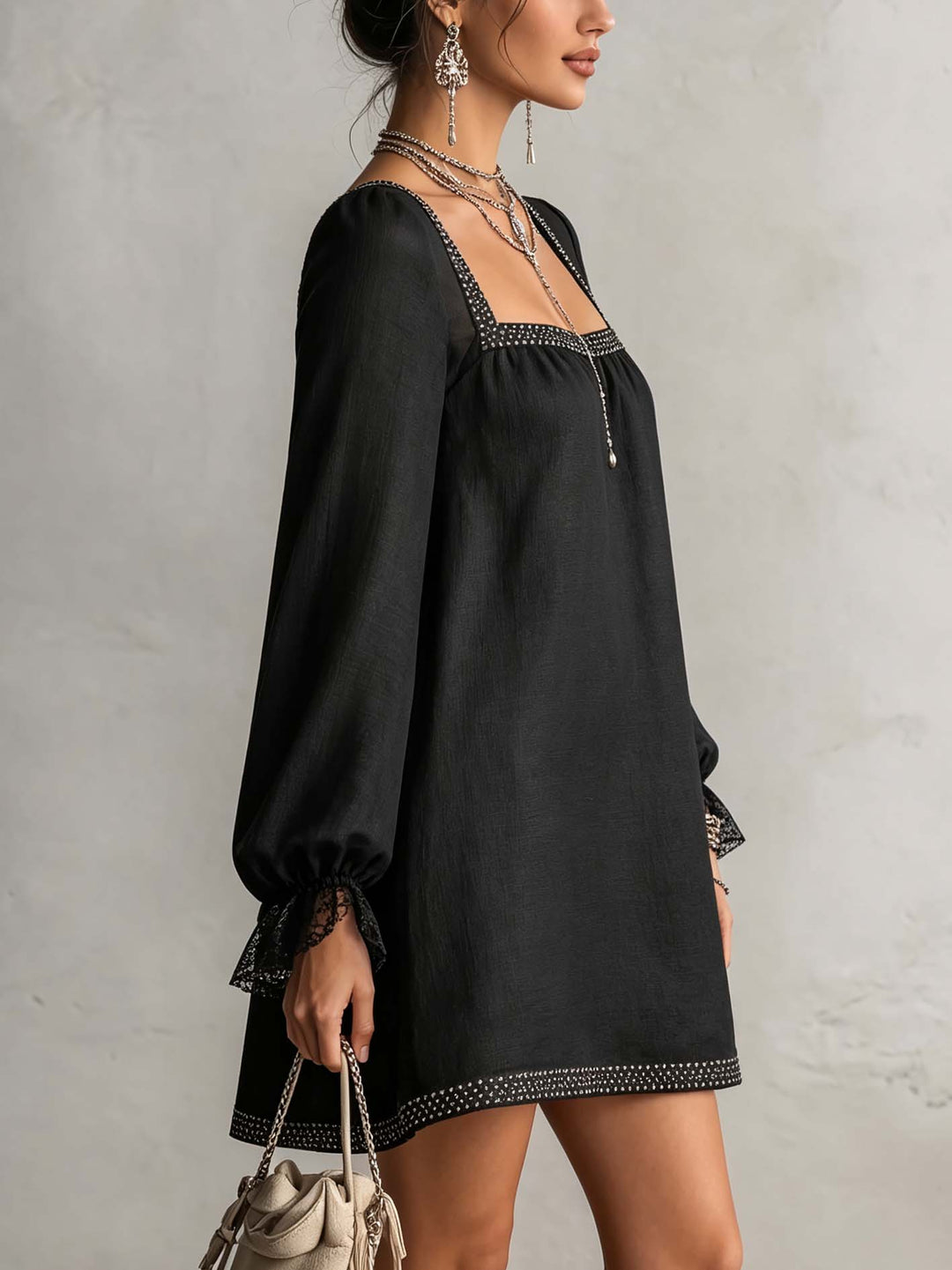 Black Rhinestone Trim Square Neck Lace Cuff Mini Dress