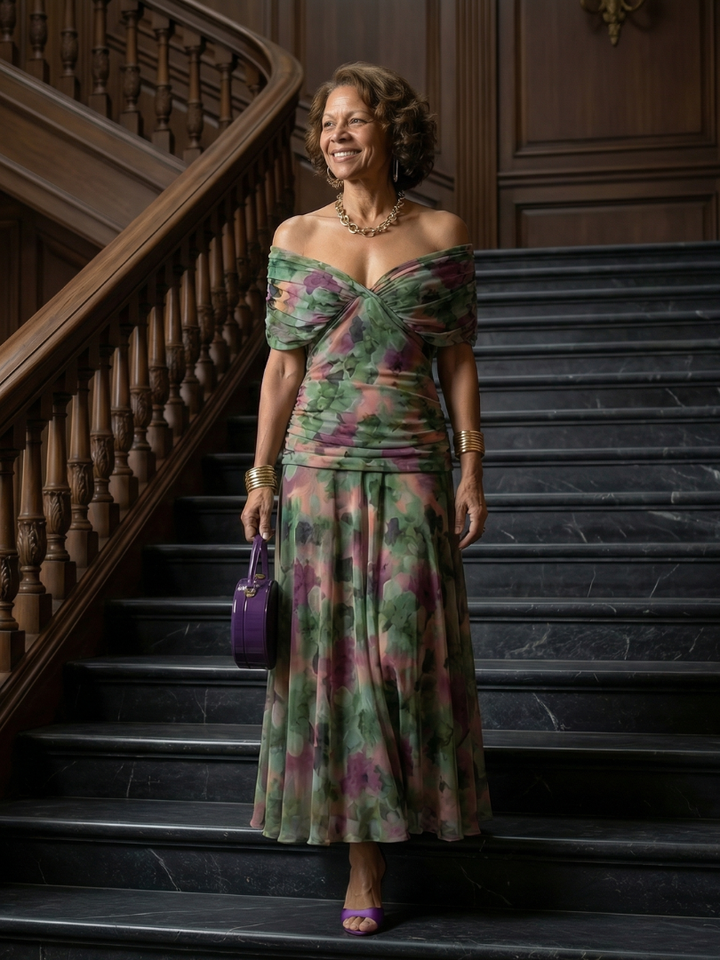 Casual Midi Dress with Off-Shoulder Sleeves Calen