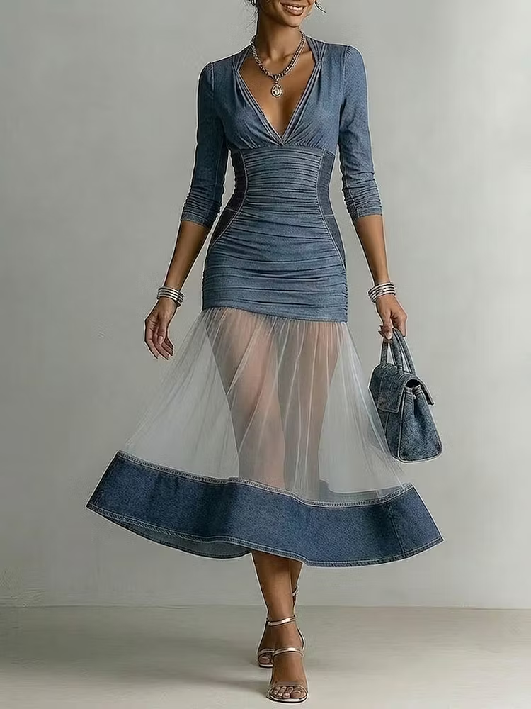 Blue Denim Mesh Panel Fitted Midi Dress