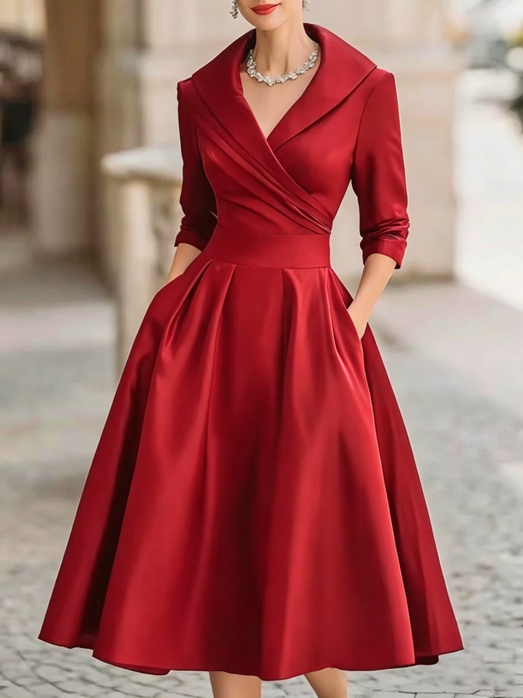 Elegant Black Satin Pleated V-neck A-line Midi Dress