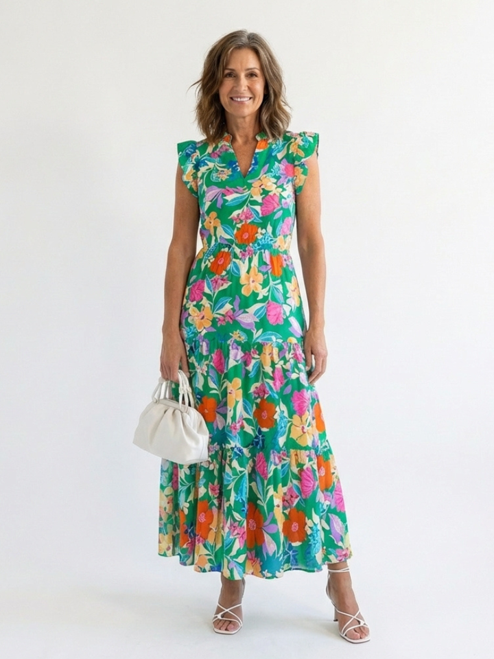 Lilac Floral Print Flared Midi Dress