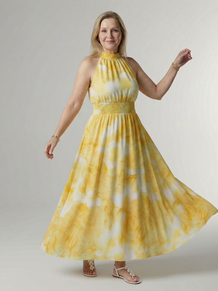 Midi Dress with Gathered Halter Neckline