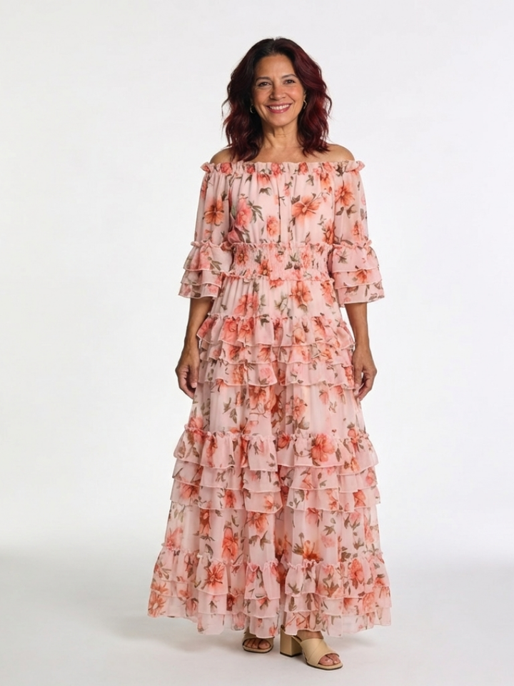 Floral Ruffle Maxi Dress with Rosalie Neckline