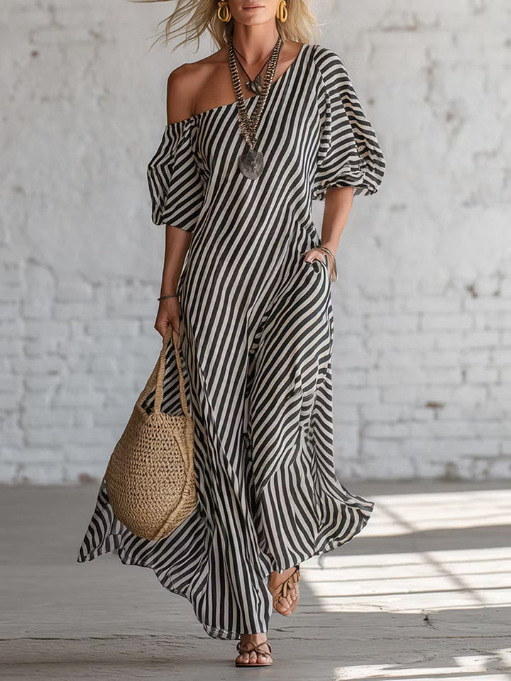 Elegant and Classic Striped Long Dress with Off-Shoulder Design