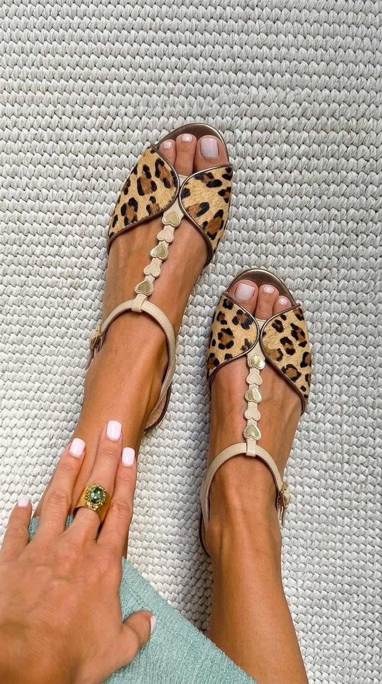 Gold Leopard Print Peep Toe Sandals in Calf Hair with T-Strap and Heart