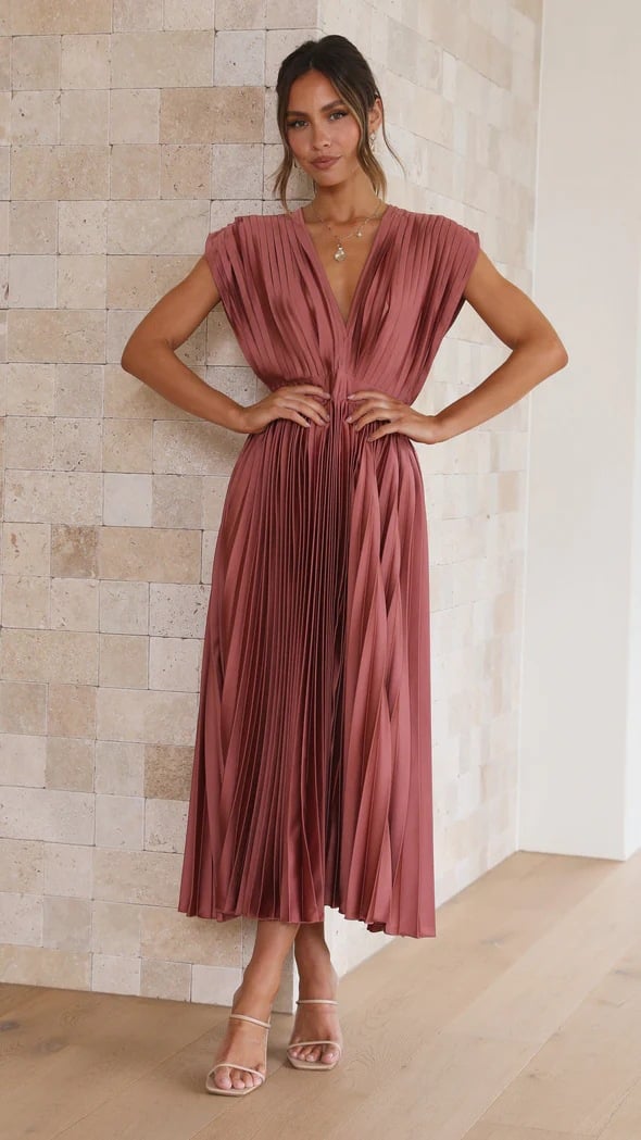 Elegant Satin Pleated V-neck Flowing Midi Dress