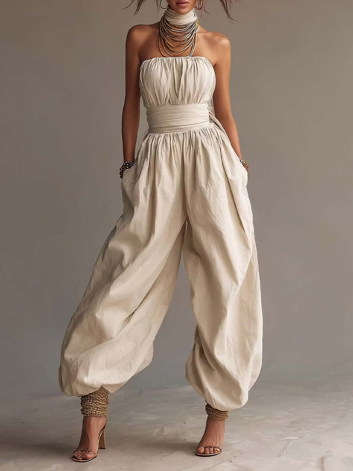 Boho Cotton Strapless Jumpsuit with Balloon Legs
