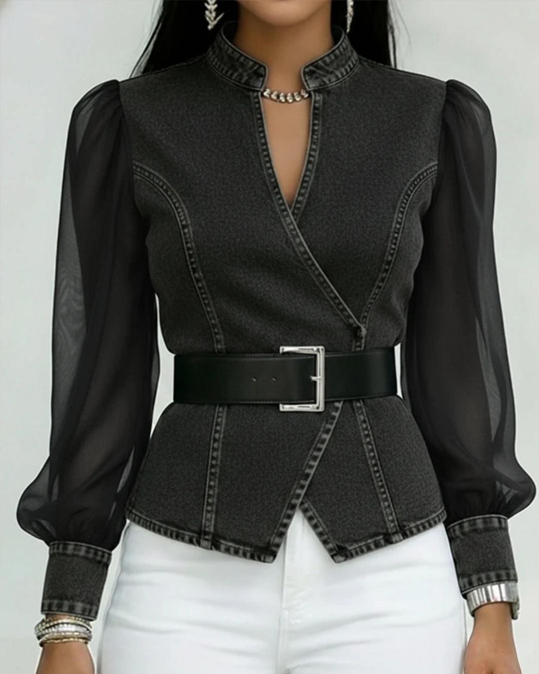 Zaya™ - Jeans Blouse with Fluid Chiffon Sleeves