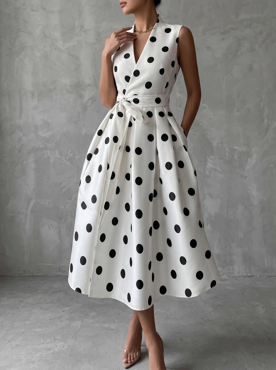 Black-and-White Classic Polka Dot French Sleeveless Midi Dress