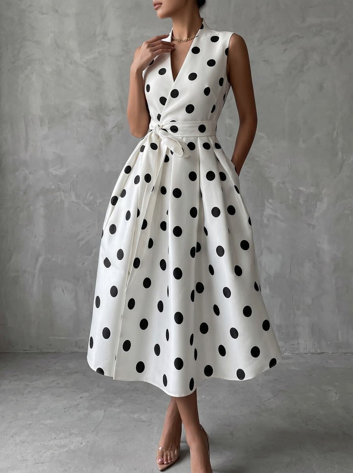 Black-and-White Classic Polka Dot French Sleeveless Midi Dress
