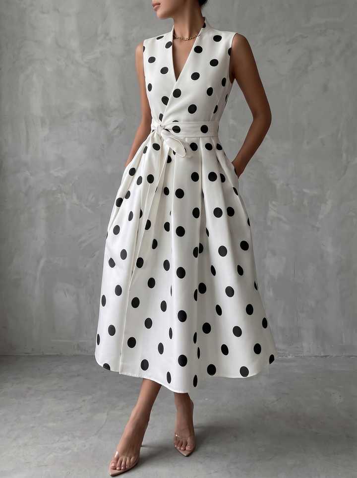 Black-and-White Classic Polka Dot French Sleeveless Midi Dress