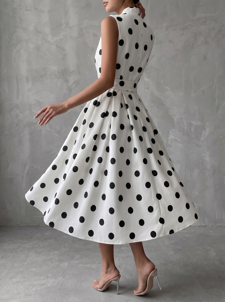 Black-and-White Classic Polka Dot French Sleeveless Midi Dress