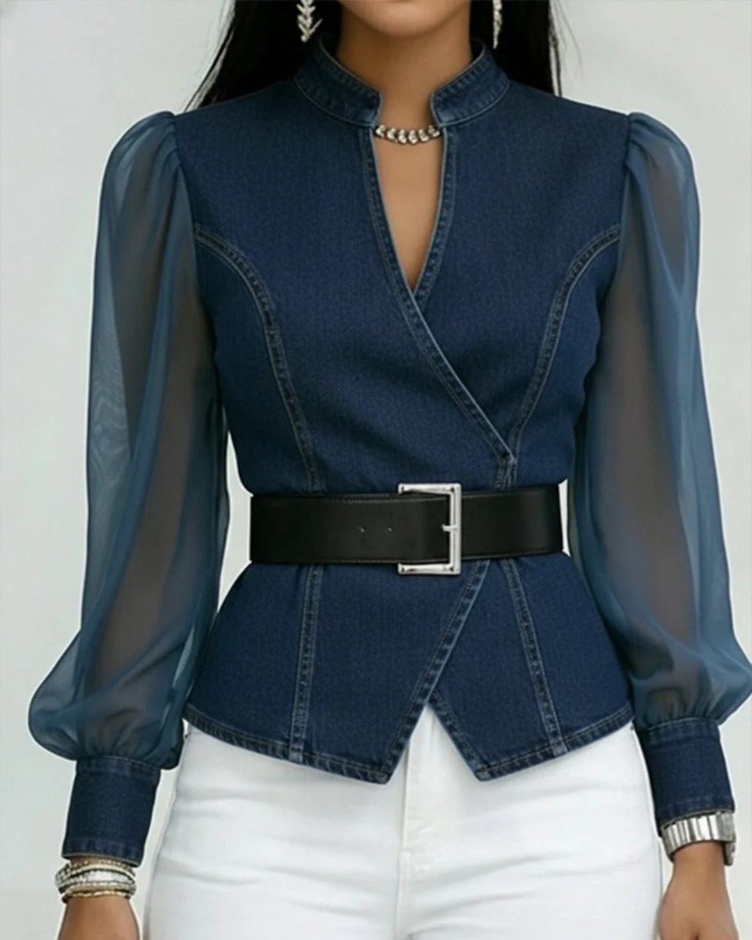 Zaya™ - Jeans Blouse with Fluid Chiffon Sleeves