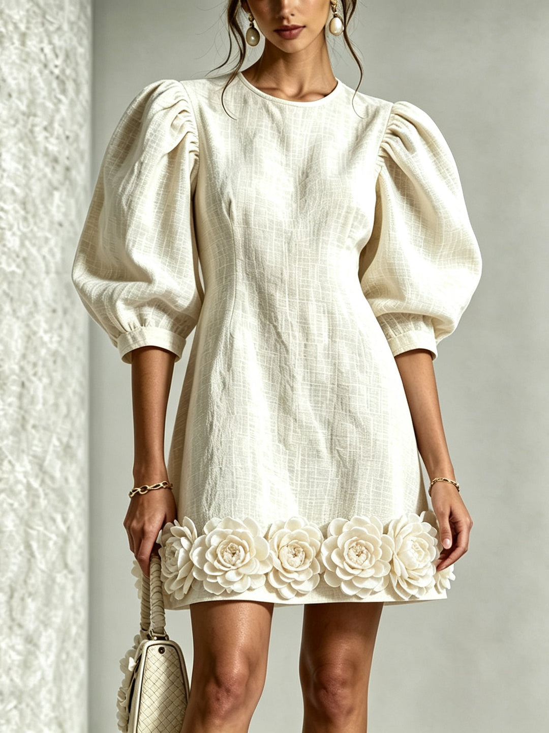 White 3D Floral Puff-Sleeve Cotton-Linen Mini Dress