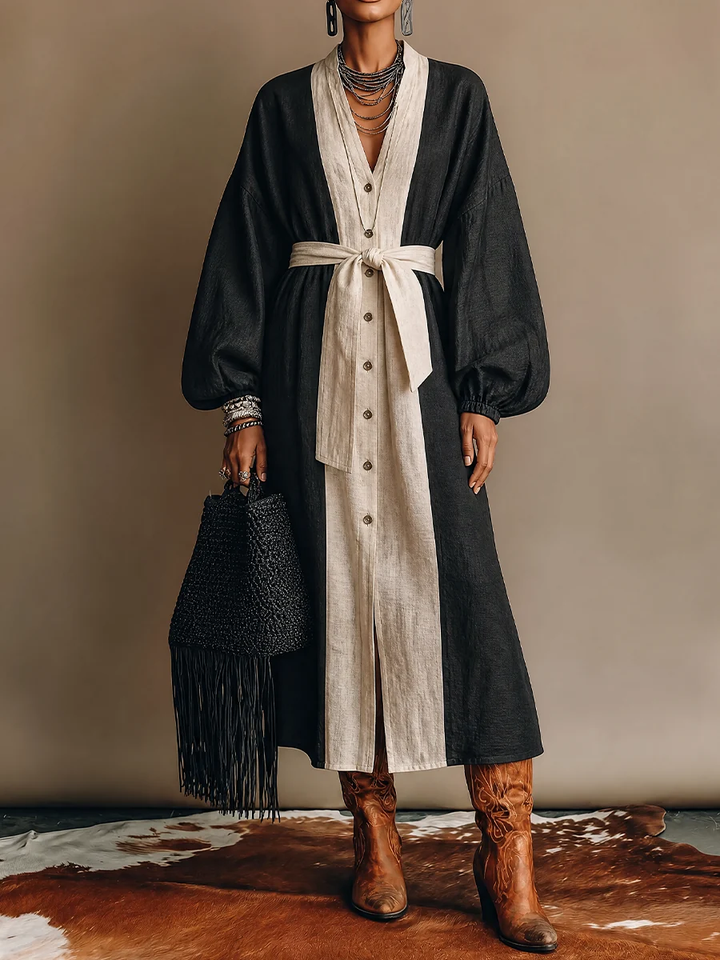Black White Color Block Tie Waist Midi Dress