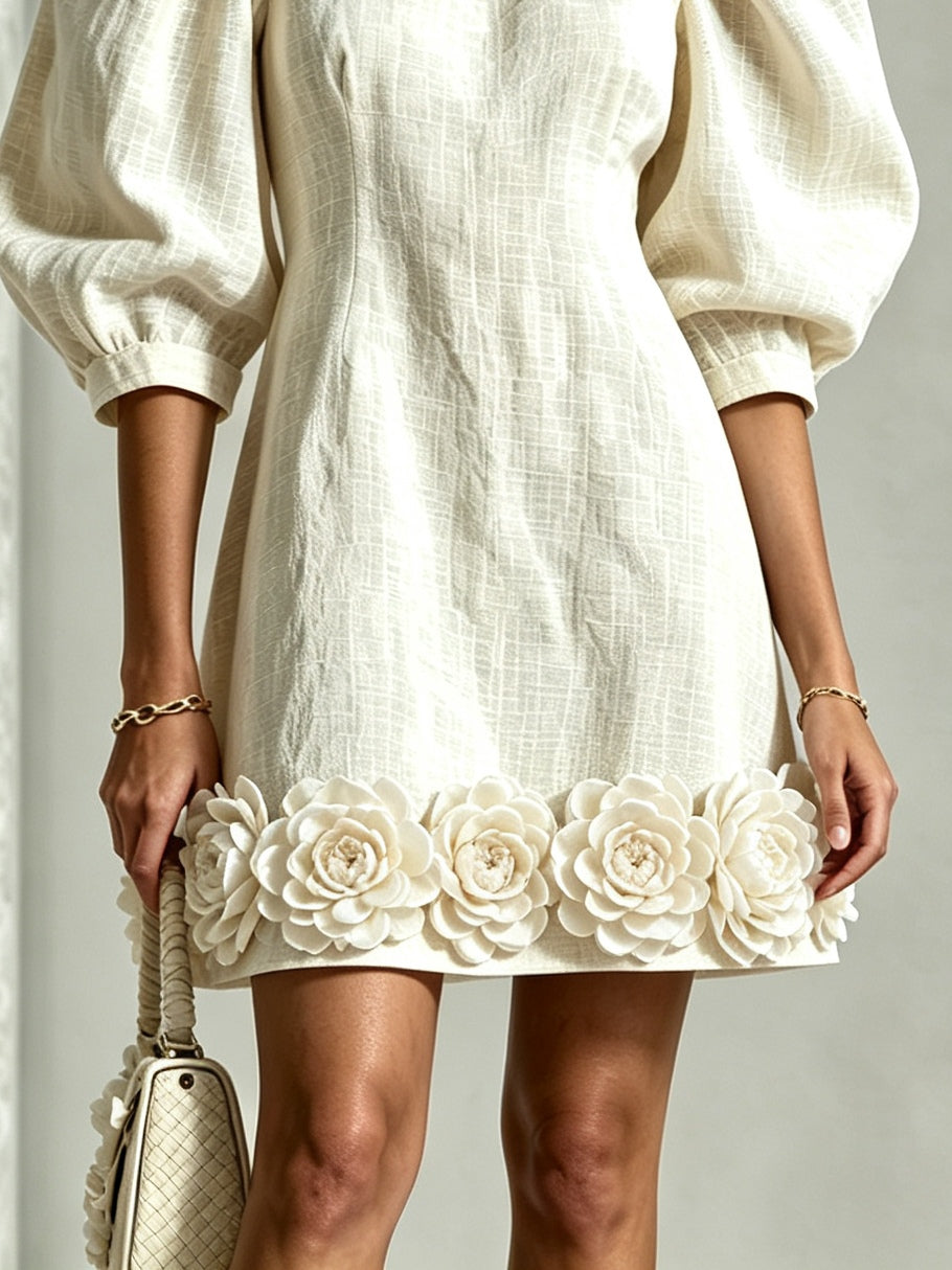 White 3D Floral Puff-Sleeve Cotton-Linen Mini Dress