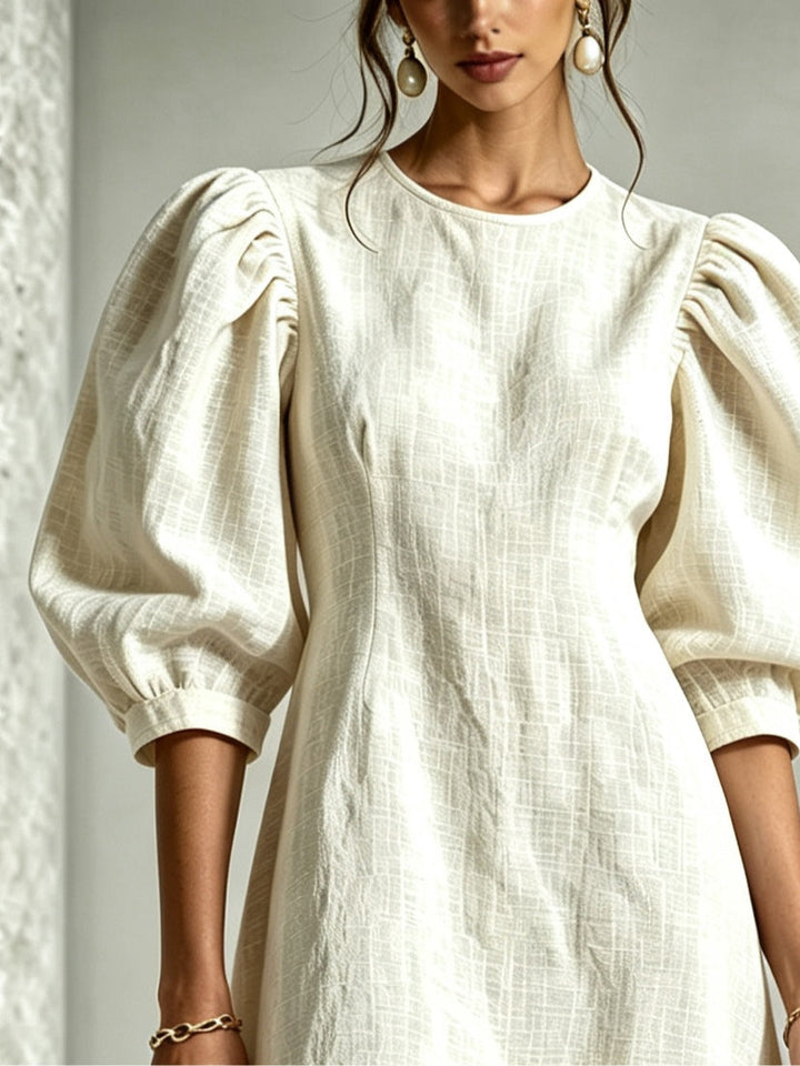 White 3D Floral Puff-Sleeve Cotton-Linen Mini Dress