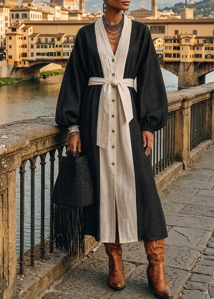 Black White Color Block Tie Waist Midi Dress