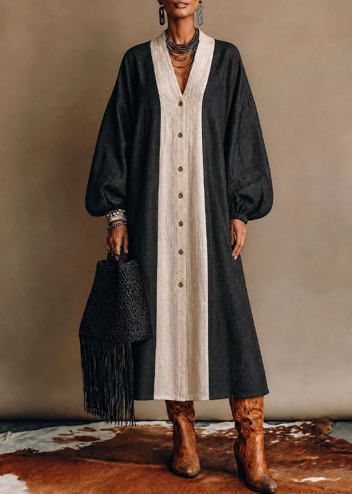 Black White Color Block Tie Waist Midi Dress