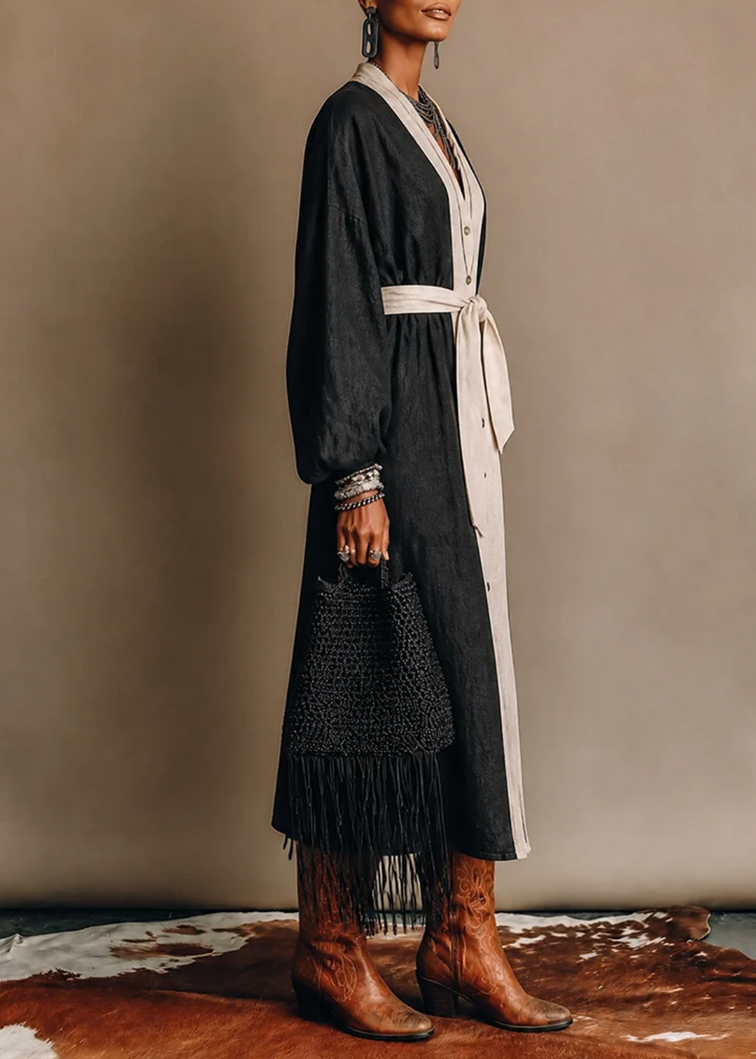Black White Color Block Tie Waist Midi Dress