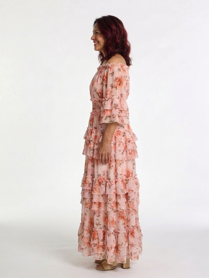 Floral Ruffle Maxi Dress with Rosalie Neckline
