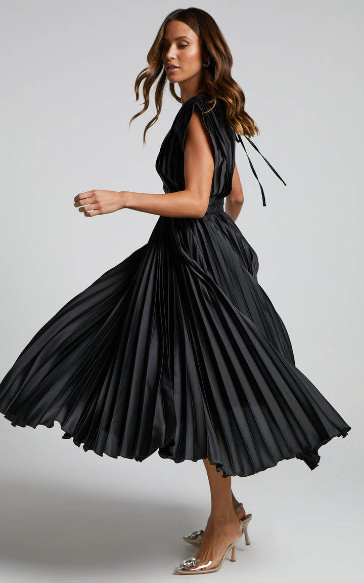 Elegant Satin Pleated V-neck Flowing Midi Dress