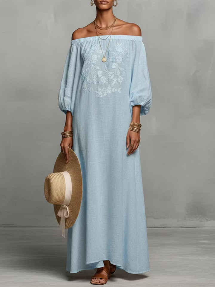 Casual women's linen dress with long sleeves and round neck.