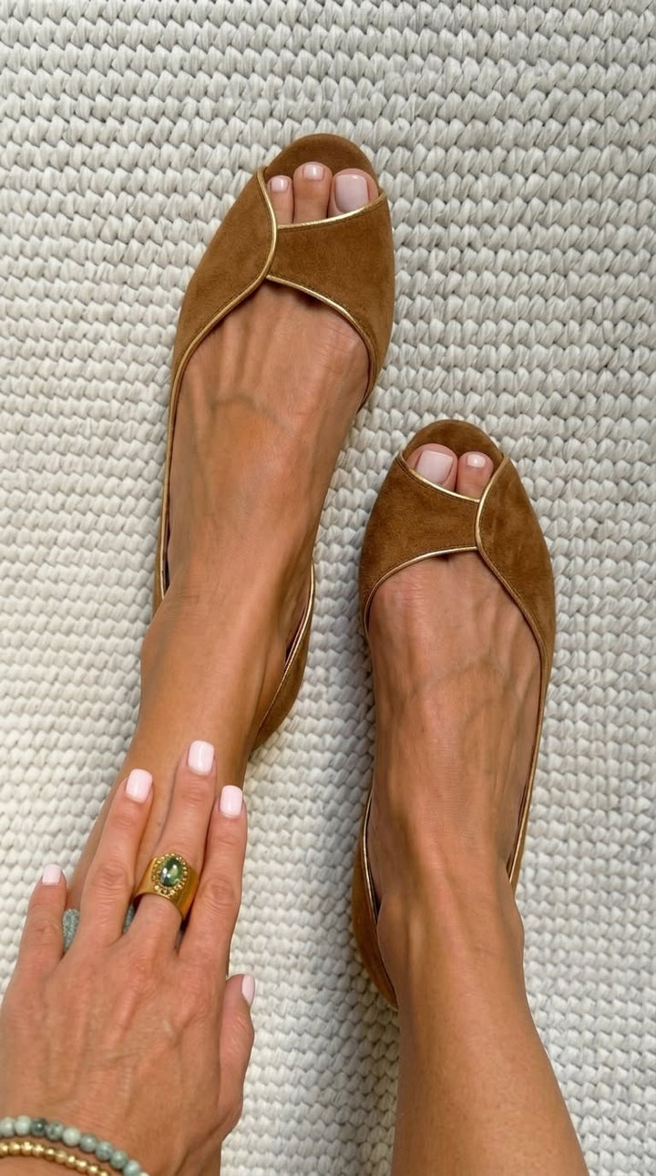 Open Toe D'Orsay Ballet Flats in Beige Suede and Gold