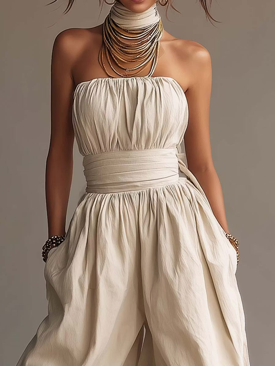 Boho Cotton Strapless Jumpsuit with Balloon Legs