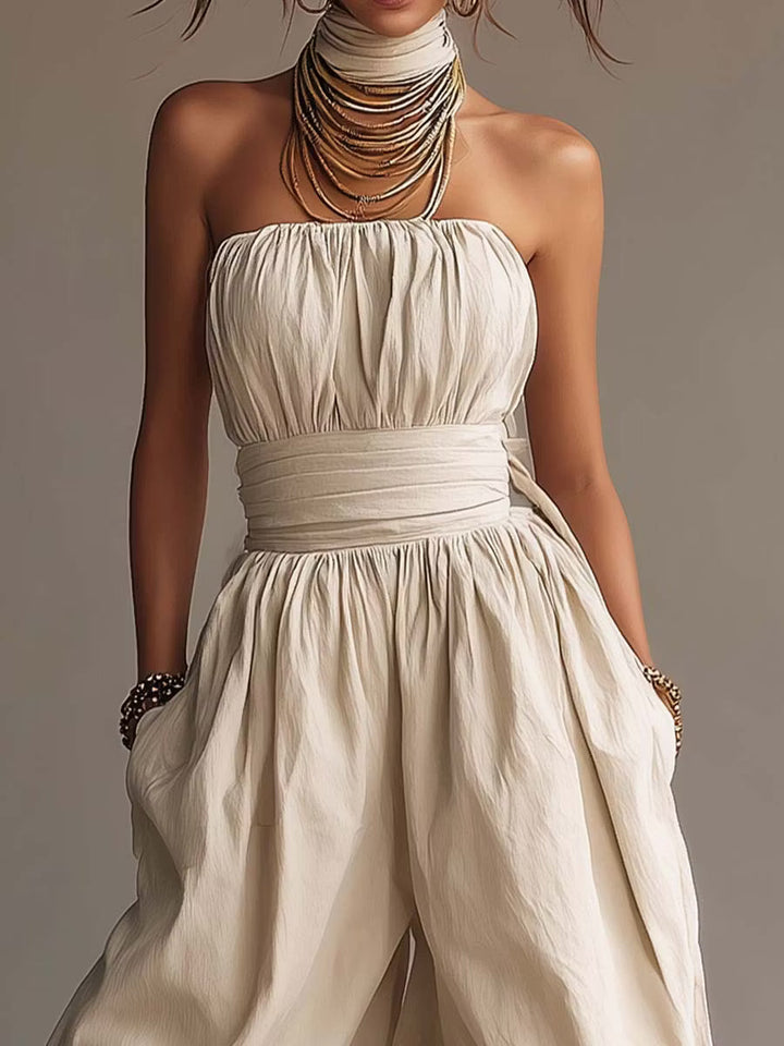Boho Cotton Strapless Jumpsuit with Balloon Legs