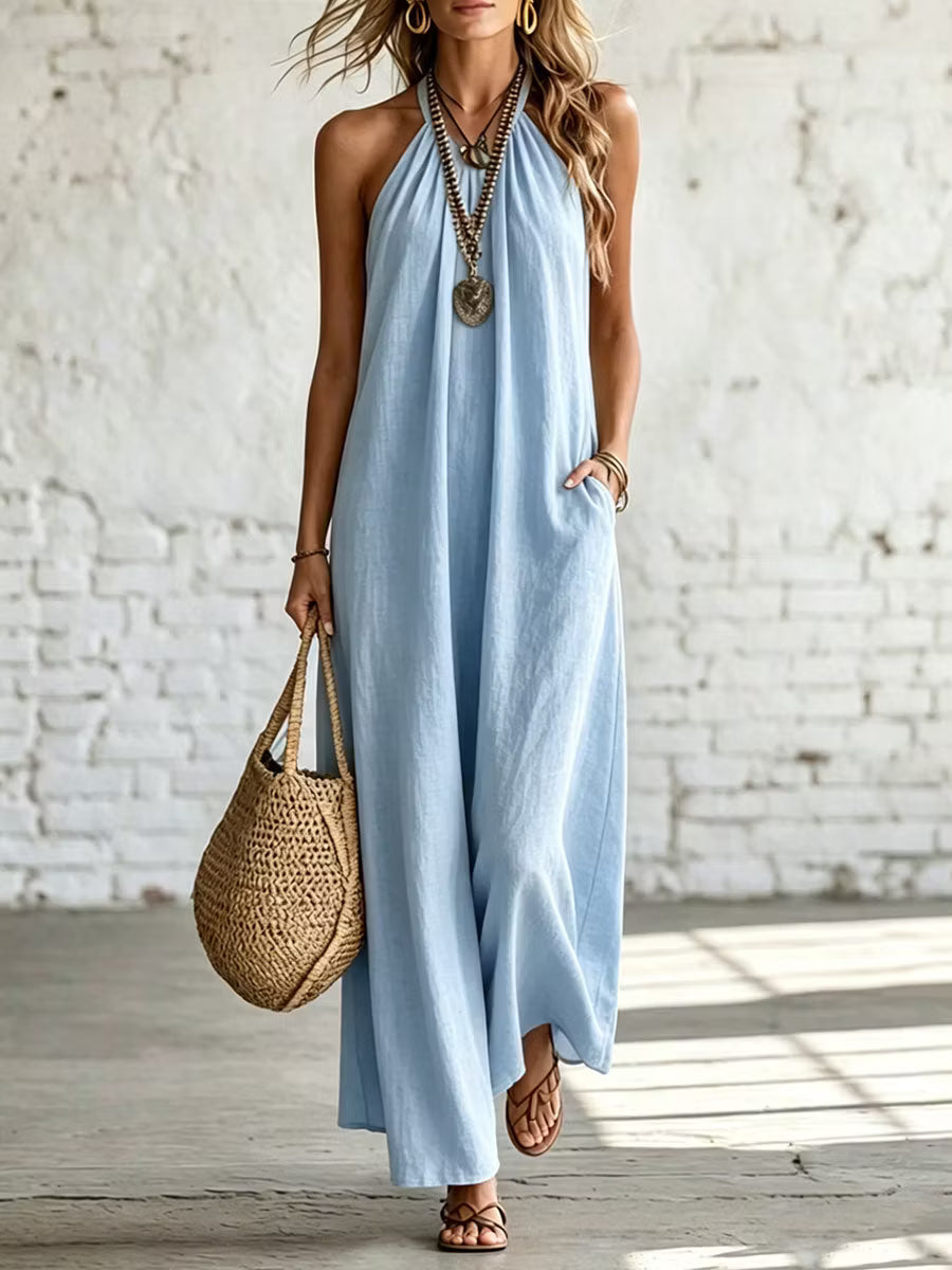 Casual Women's Dress, Loose, Sleeveless, Halter Neck, in Linen and Cotton