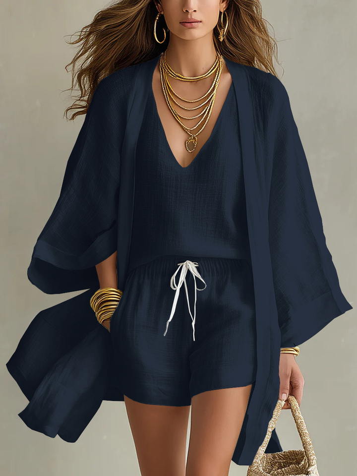 Camila | Three-Piece Cardigan and Shorts Set in Polyester-Linen
