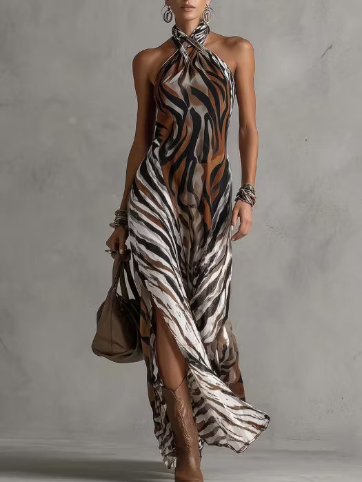 Sexy long dress with animal print and halter neck