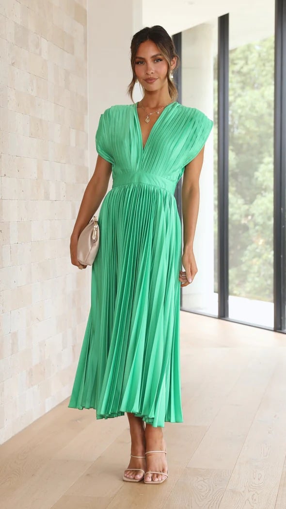 Elegant Satin Pleated V-neck Flowing Midi Dress