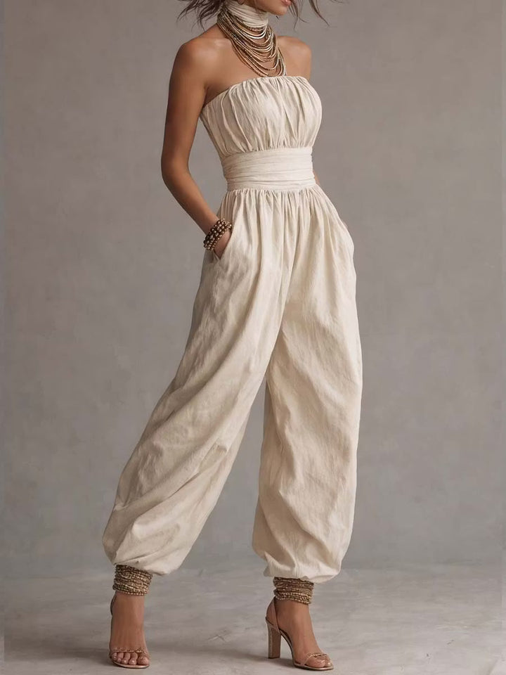 Boho Cotton Strapless Jumpsuit with Balloon Legs