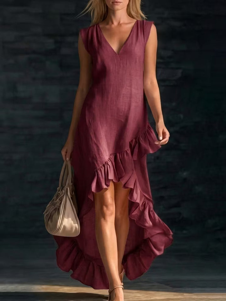 Romantic long linen and cotton dress with V-neck and gathered hem