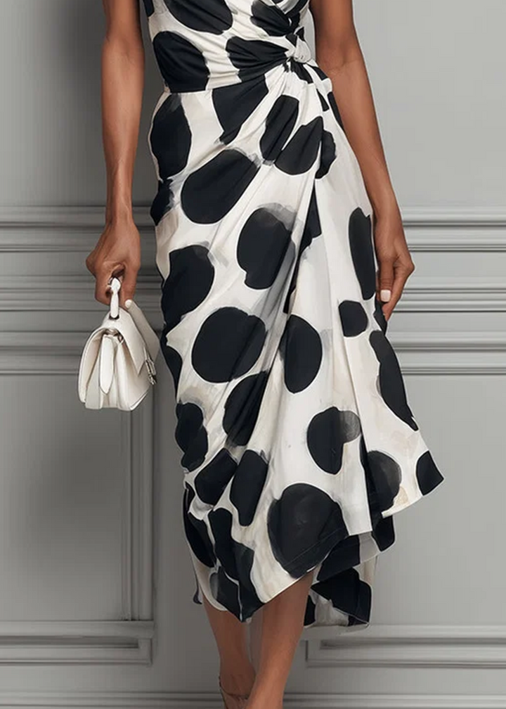 Black Spot Print V-Neck Cinched Waist Midi Dress