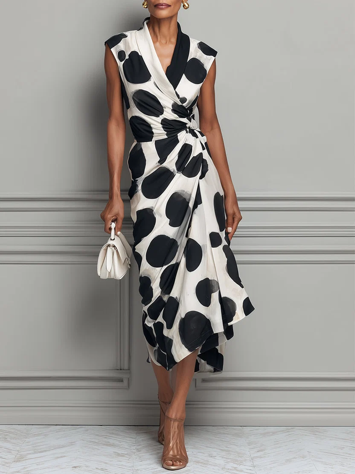 Black Spot Print V-Neck Cinched Waist Midi Dress