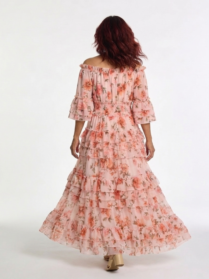 Floral Ruffle Maxi Dress with Rosalie Neckline