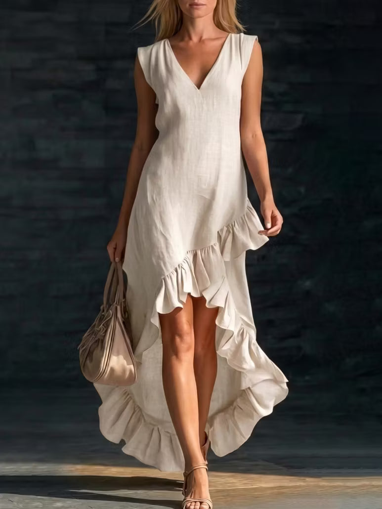 Romantic long linen and cotton dress with V-neck and gathered hem