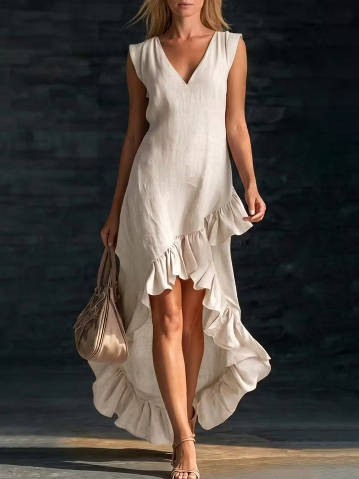 Romantic long linen and cotton dress with V-neck and gathered hem