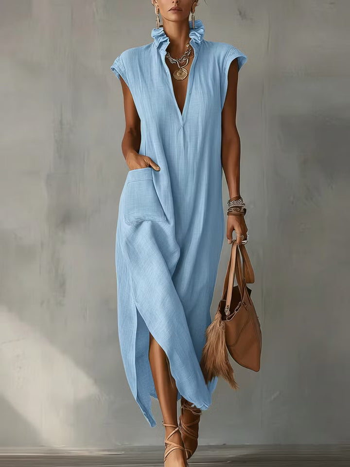 Women's midi dress in cotton and linen with frilled collar – Elegant dress for summer