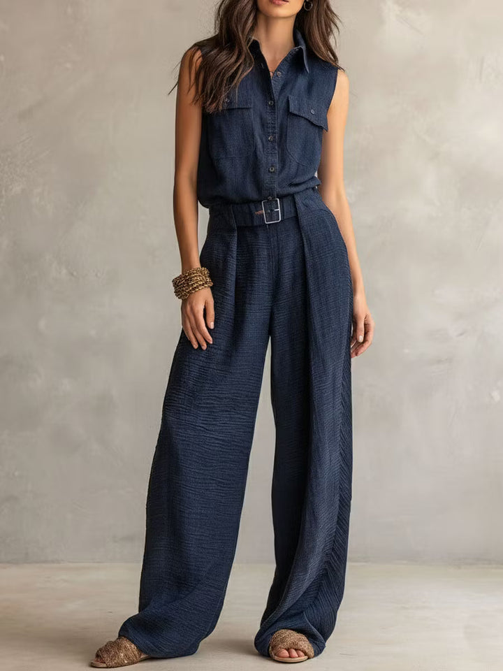 Utility Jumpsuit with Belt in Slate Gray Textured Boho Midnight Style